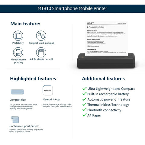 Wireless Portable Printer Harnesses Bluetooth Thermal Tech For No Sweat Printing in compact size with user manual and features listed.