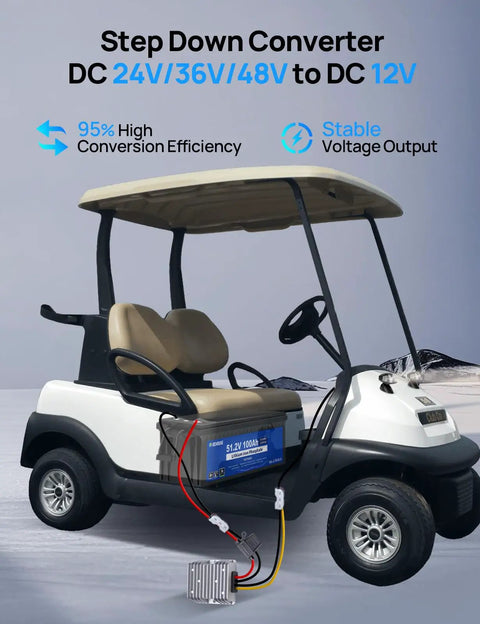 Level Up Your Ride With This Hella Efficient DC DC Step Down Converter Dropping 48 To 12 Volts At 20 Amps For Golf Carts And Utility Trailers, mounted on a golf cart.