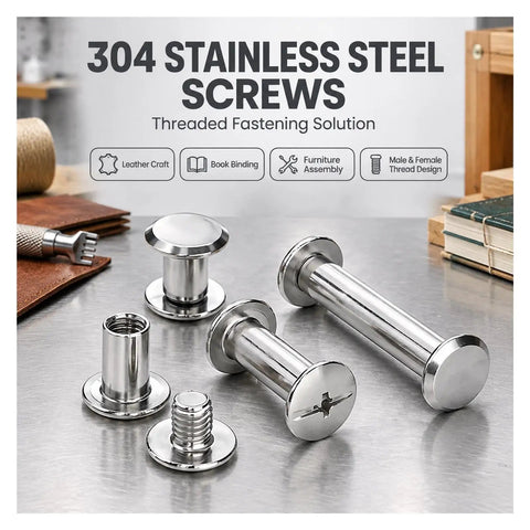 Premium 304 Stainless Steel Chicago Binding Screws Reusable Barrel Fastener Bolts on stainless surface for crafting uses.