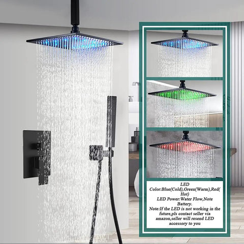 Dope LED Rain Shower System With 12 Inch Square Brass Rain Head, Ceiling Mounted High Pressure Fixture showing LED lights