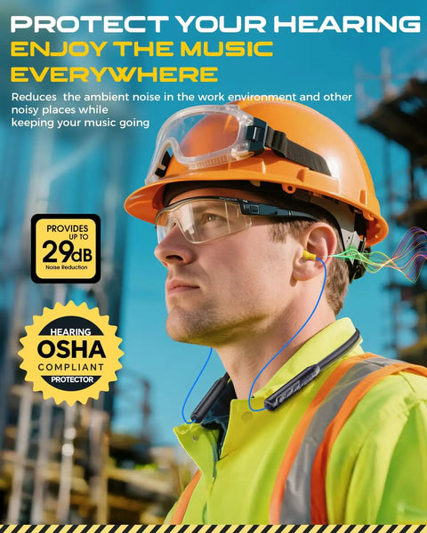 Construction worker wearing Neckband Wireless Earbuds With 29 dB Noise Reduction, Isolation In Ear Earplugs, IPX6 Sweatproof, All Day Battery.