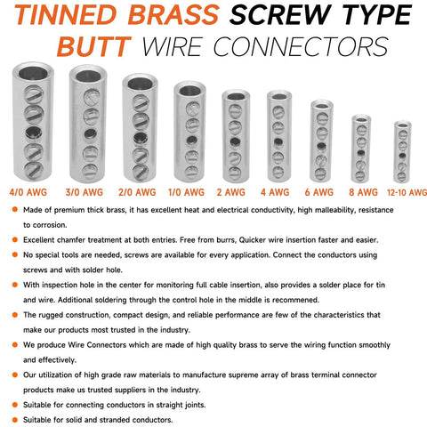 Tinned brass screw type butt wire connectors in varying sizes, part of the 12-10 Gauge Wire Butt Connectors Kit With 10 Screw Type Connectors.