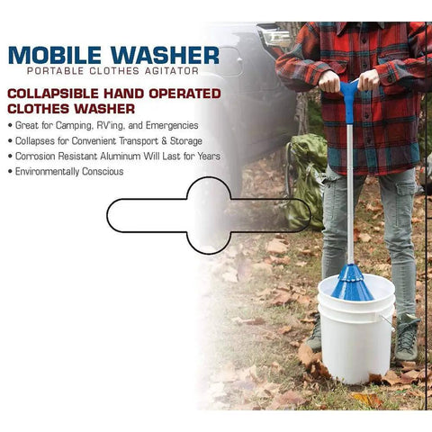 Total Game Changer Portable Manual Clothes Agitator And Handheld Laundry Scrubber in use with a bucket outdoors.