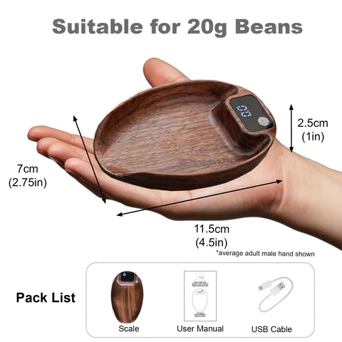 Espresso And Pour Over Coffee Scale With 0.1g Precision, walnut wood, digital LED display, held in hand for size reference