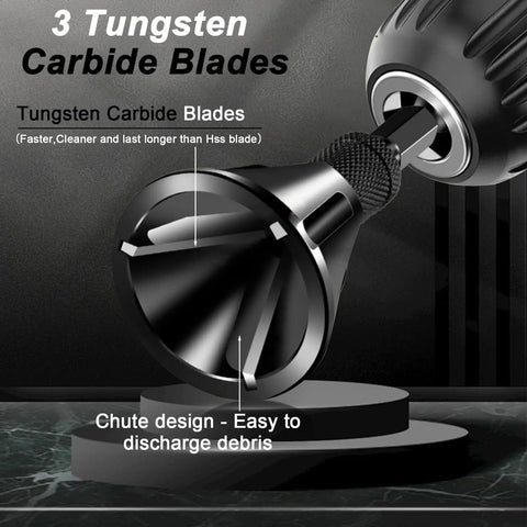 Pro Grade Deburring External Chamfer Tool With Tungsten Carbide Blades for Copper Steel Aluminum, close-up of blades and chute design.