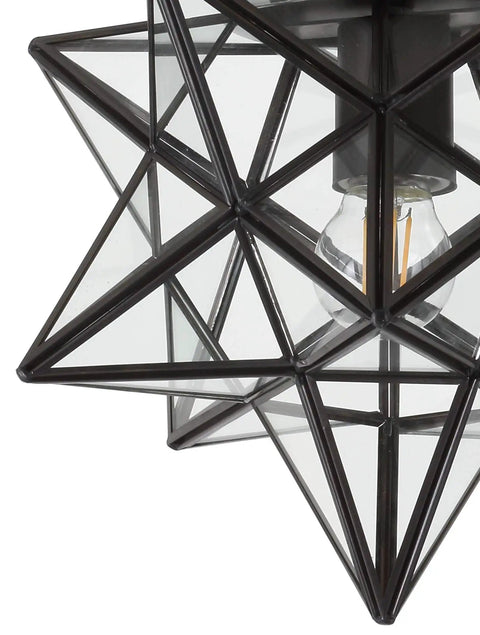 Close-up of Slick 12 Inch Nickel Moravian Star LED Flush Mount Ceiling Light With Clear Glass Shade and Iron Lantern