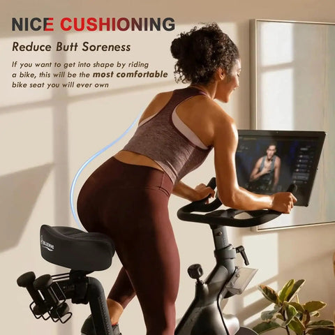 Noseless Oversized Bike Seat With Backrest for Electric and Stationary Bikes Extra Wide 13x9 Inch Cushion 7cm Foam No Nose Design for Ultra Comfy Ride Fits Most Road Bikes and Exercise Bikes Great for Men and Women on stationary bike