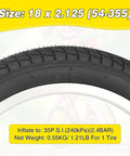 Black bike tire size 18 x 2.125 with specifications, part of two pack 18 inch kid bike tires 18 X 2.125 with inner tubes for BMX MTB.