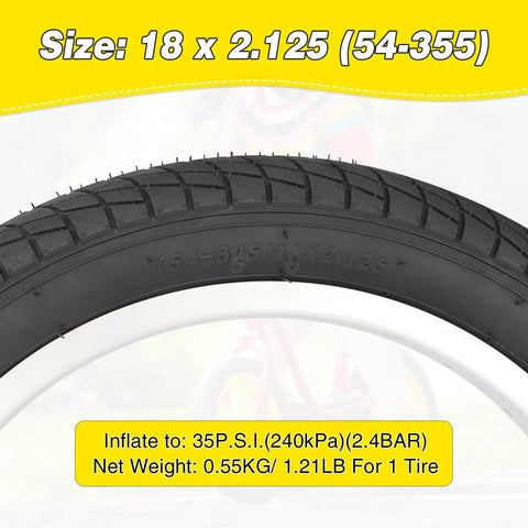 Black bike tire size 18 x 2.125 with specifications, part of two pack 18 inch kid bike tires 18 X 2.125 with inner tubes for BMX MTB.