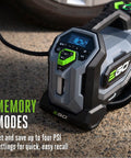 160 PSI Compact Tire Inflator with high pressure and high volume modes showing memory presets and digital display