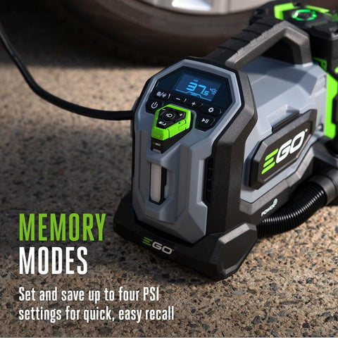 160 PSI Compact Tire Inflator with high pressure and high volume modes showing memory presets and digital display