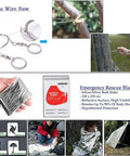 All In One 13 In 1 Survival Kit with wire saw cutting branch and rescue blanket for warmth shown in outdoor settings.