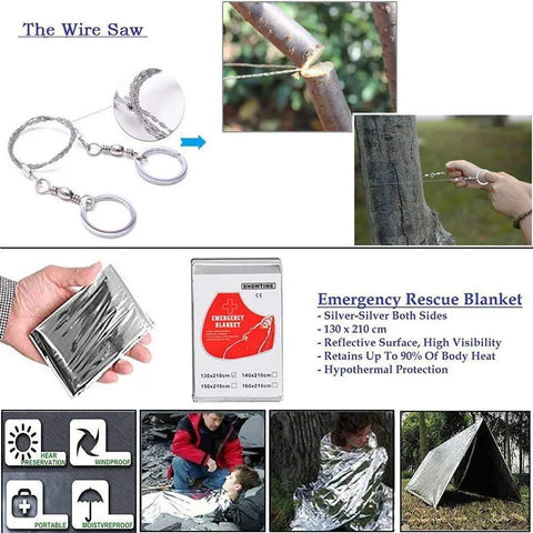 All In One 13 In 1 Survival Kit with wire saw cutting branch and rescue blanket for warmth shown in outdoor settings.