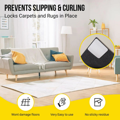 Rug Gripper Tape for Area Rugs, 12 Pack 4x4 Inch Double Sided Non Slip Carpet Tape, detail view of reusable rug pad in living room