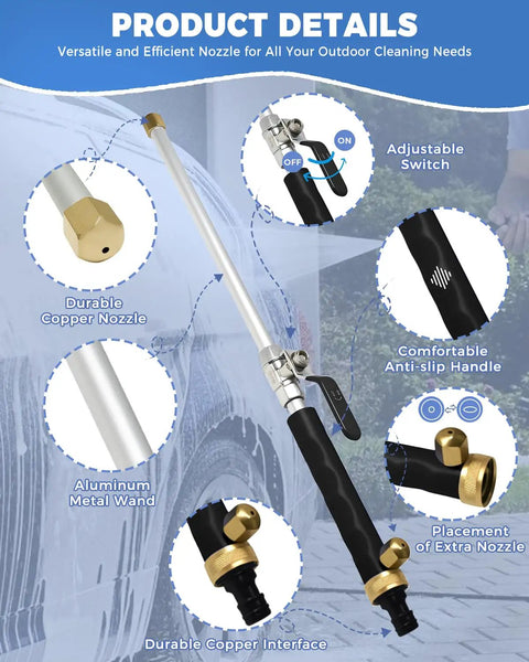 All In One High Pressure Hose Nozzle Kit With Two Nozzles And Quick Connectors, showing wand details and copper nozzles.