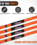 Beefy 4 Pack Axle Tie Down Straps 2 Inch by 38 Inch With Protective Sleeve and D Ring, Road Ready Heavy Duty Kit For Trailers, Trucks, UTVs, And Car Hoists, 11127 Lbs Break Strength, 3709 Lbs Working Load. 4 orange polyester axle straps with D rings