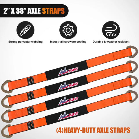 Beefy 4 Pack Axle Tie Down Straps 2 Inch by 38 Inch With Protective Sleeve and D Ring, Road Ready Heavy Duty Kit For Trailers, Trucks, UTVs, And Car Hoists, 11127 Lbs Break Strength, 3709 Lbs Working Load. 4 orange polyester axle straps with D rings