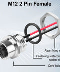 M12 2 Pin Female Connector Cable A-Coded IP67 Waterproof with fixing nut and rubber ring for PCB Board 12 Cm Length 2 Pack