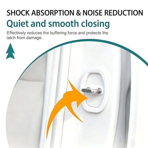 Heavy Duty Silicone Door Latch Covers for Your Ride Prevent Metal on Metal Screeching Sound with Self Adhesive Backing to Silence Door Jams on Cars Trucks Suv White Pack of Four, showing door latch with silicone guard.