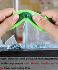 Hands flexing a Four Roll TPU Bicycle Tire Liner for Inner Tubes over glass to show durability, protects against flats and punctures.
