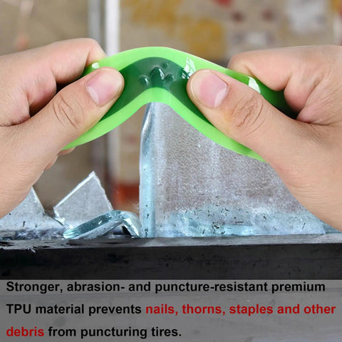 Hands flexing a Four Roll TPU Bicycle Tire Liner for Inner Tubes over glass to show durability, protects against flats and punctures.