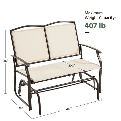 Two Person Outdoor Glider Bench For Patio And Garden, heavy duty steel frame, beige seat, 407 lb weight capacity, smooth glide.