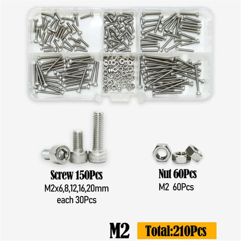 Heavy Duty Hex Socket Cap Head Screws And Nuts Kit With 105 C Heat Resistance And 3dB Noise Reduction, Size Range M2 Through M6, Ideal For Automotive, Machinery, And DIY Projects. M2 stainless steel screw and nut assortment in organizer tray