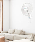 16 Inch Oscillating Wall Mount Fan With 3 Quiet Speeds Space Saving White Corded Air Cooling Unit in living room