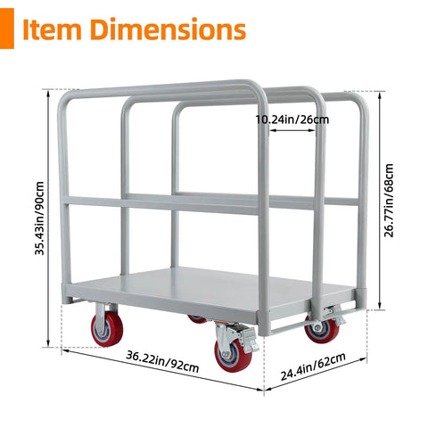 Heavy Duty Steel Panel Cart In Light Gray Offers Rust Resistant Powder Coating And Smooth Rolling Nylon Casters For Garage Or Warehouse Material Handling Built Legit Tough For The Daily Grind dimensions display.
