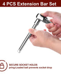 Hands holding a 4 Piece 3/8 Inch Drive Socket Extension Bar Set With 3, 6, And 10 Inch Extensions And 3/8 Inch Drive Universal Joint Sockets.