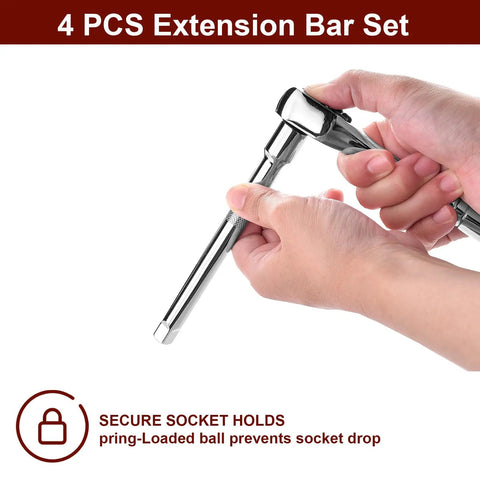 Hands holding a 4 Piece 3/8 Inch Drive Socket Extension Bar Set With 3, 6, And 10 Inch Extensions And 3/8 Inch Drive Universal Joint Sockets.