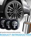 Legit Badass Skull Style Metal Wheel Center Hub Caps For Cars And Trucks, showcasing high-quality aluminum caps beside a stylish wheel.