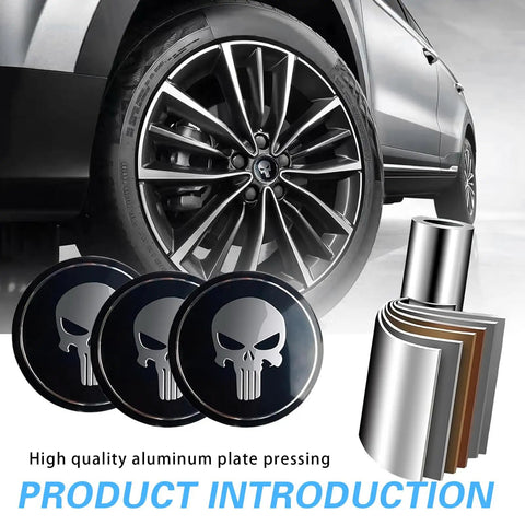 Legit Badass Skull Style Metal Wheel Center Hub Caps For Cars And Trucks, showcasing high-quality aluminum caps beside a stylish wheel.
