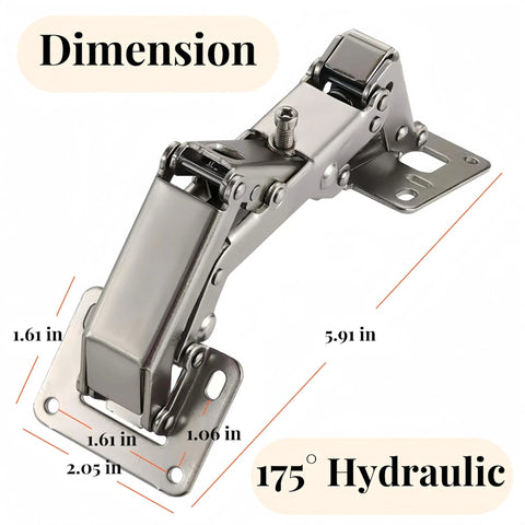175 Degree Heavy Duty Cabinet Hinges Set For Wide Opening 2 Pair Concealed Hydraulic Hinges with dimensions displayed