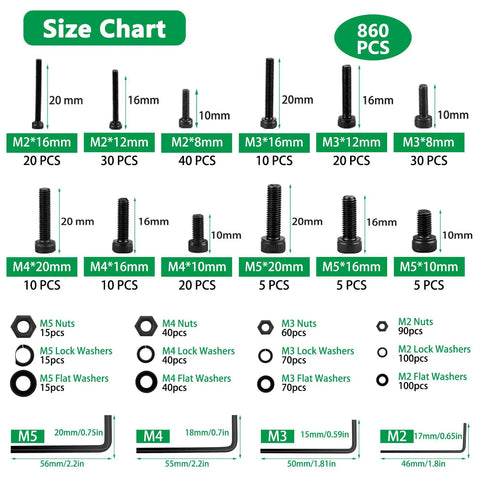 Size chart for 860 Piece Metric Screw Set With M2 M3 M4 M5 Machine Screws, Lock And Flat Washers, 12.9 Grade Alloy Steel, Hex Socket Head Cap Nuts And Bolts, Pro Grade Heavy Duty Includes Four Wrenches For Home, Shop, And DIY Projects