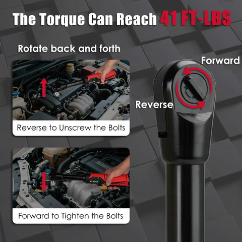 Cordless Electric Ratchet Wrench Set 3/8 Inch, 12V showing forward and reverse function for auto repairs