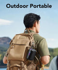 Man hiking with Portable Bluetooth Speaker With Led Light And Outdoor Ready Design Delivers Deep Bass And Beast Mode Power With 24 Hour Playtime IPX7 Waterproof Attached To Backpack