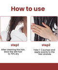Instructions showing how to apply hair product; Step 1: Towel dry hair, Step 2: Apply product with hands evenly to hair strands.