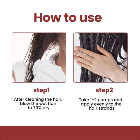 Instructions showing how to apply hair product; Step 1: Towel dry hair, Step 2: Apply product with hands evenly to hair strands.