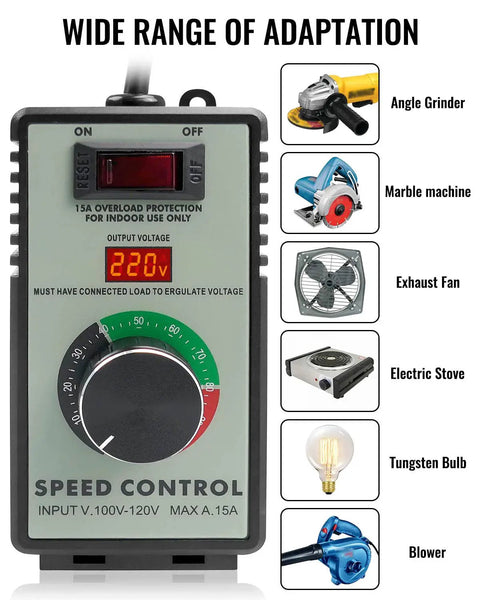 Top Tier Adjustable AC Motor Speed Controller With Bright LED Display And Hella Smooth Voltage Regulator, controls various devices.
