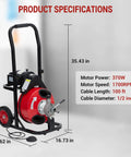 Product specifications of Badass Workhorse 100 Ft Electric Drain Cleaner Machine With Auto Feed Sewer Snake, showing size and features.