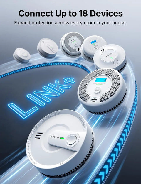 Wireless Interconnected Smoke Detectors 10 Year Battery 6 Pack showing devices connected, showcasing fire alarm safety features.