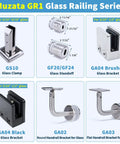 Chart showing Muzata GR1 Glass Railing Series including GS10 Clamp, GF20/GF24 Standoff, GA04 Brackets, GA02 Round Bracket, GA03 Flat Bracket