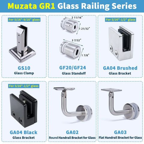Chart showing Muzata GR1 Glass Railing Series including GS10 Clamp, GF20/GF24 Standoff, GA04 Brackets, GA02 Round Bracket, GA03 Flat Bracket