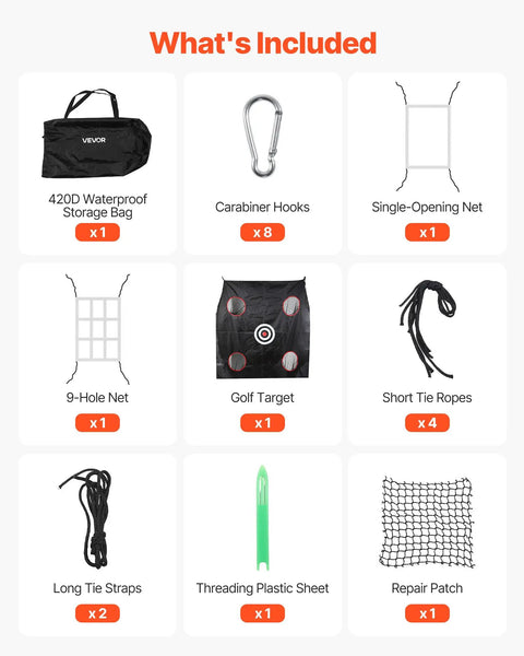 Included items for 10x10x10 Ft Golf Batting Cage Net: storage bag, carabiner hooks, single-opening net, 9-hole net, golf target, ropes.