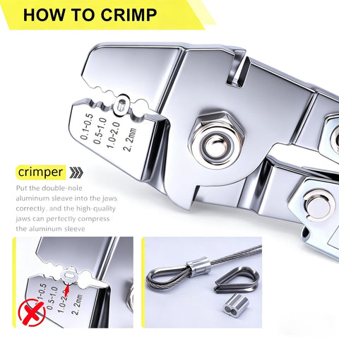 Beefy Heavy Duty Wire Rope Crimping Tool Up To 2.2mm Swaging Kit close-up with crimp ranges, wire rope, sleeves, and thimbles shown.