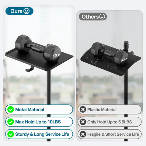 Comparison of metal microphone stand tray holding 10 lbs weight vs plastic holding 5.5 lbs, highlighting durability differences.