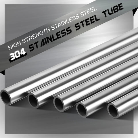 Five 3/8 in OD 304 stainless steel tubes, 12 in long, side view of weldable round metal tubing