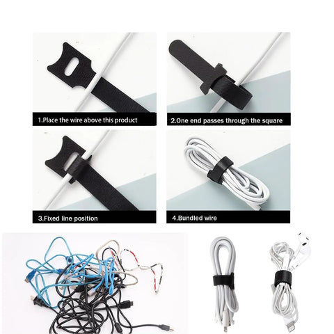 Pro Grade Cable Label Kit With Reusable Hook And Loop Ties, No Fuss 60 Piece Set organized cables showing usage steps.
