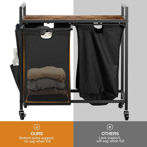 Double Laundry Hamper With Lid And Heavy Duty Wheels Rolling Laundry Basket Organizer With Top Shelf Iron Made Sorter With Two Removable Bags Large Capacity For Home Use Black, showing bags